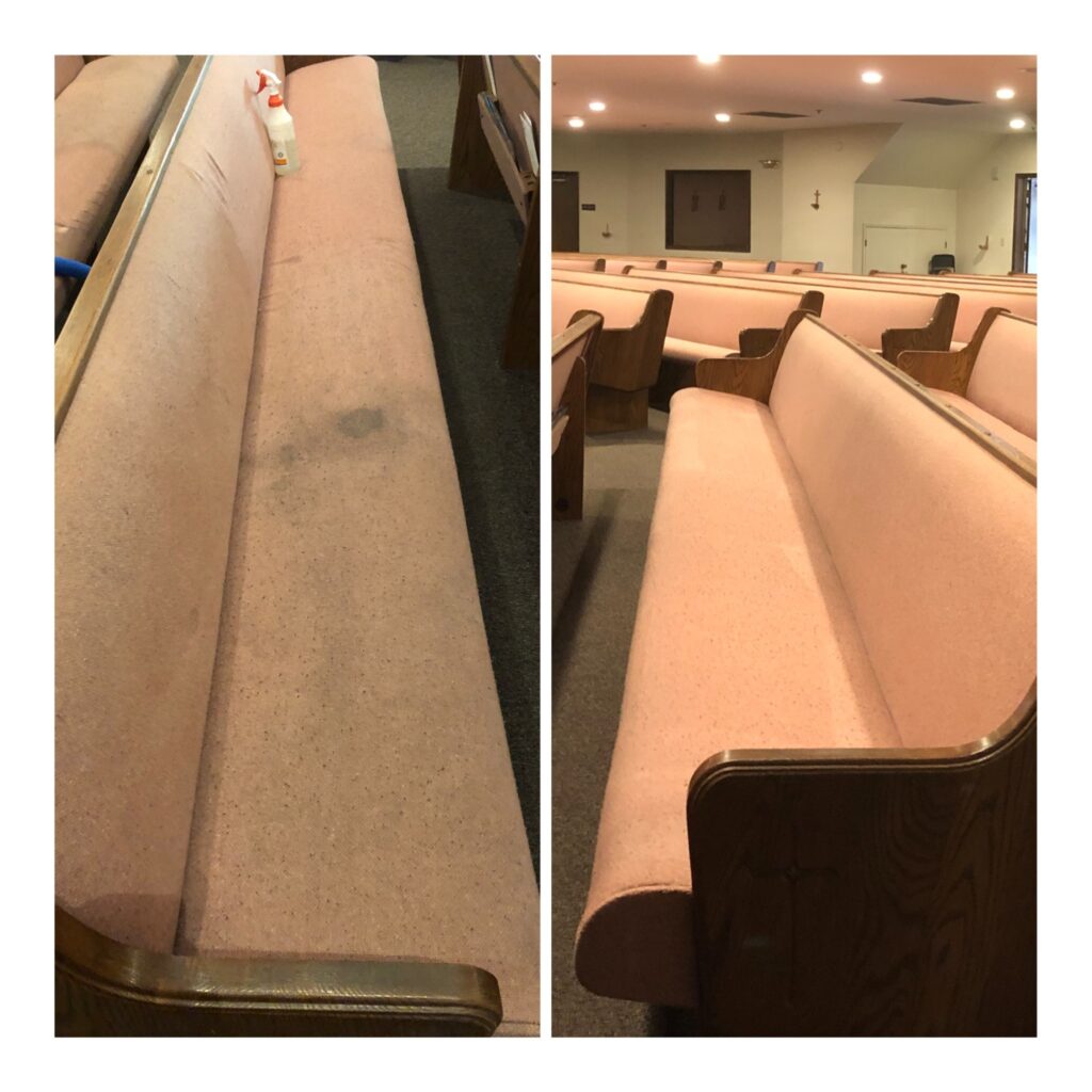 Upholstery Cleaning San Jose. Before and after of a cleaned bench at a church