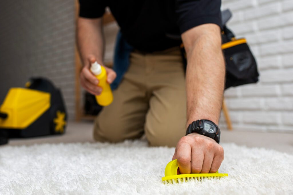 Technician from Masterpiece Carpet Cleaning using a steam cleaner on carpet in San Jose home