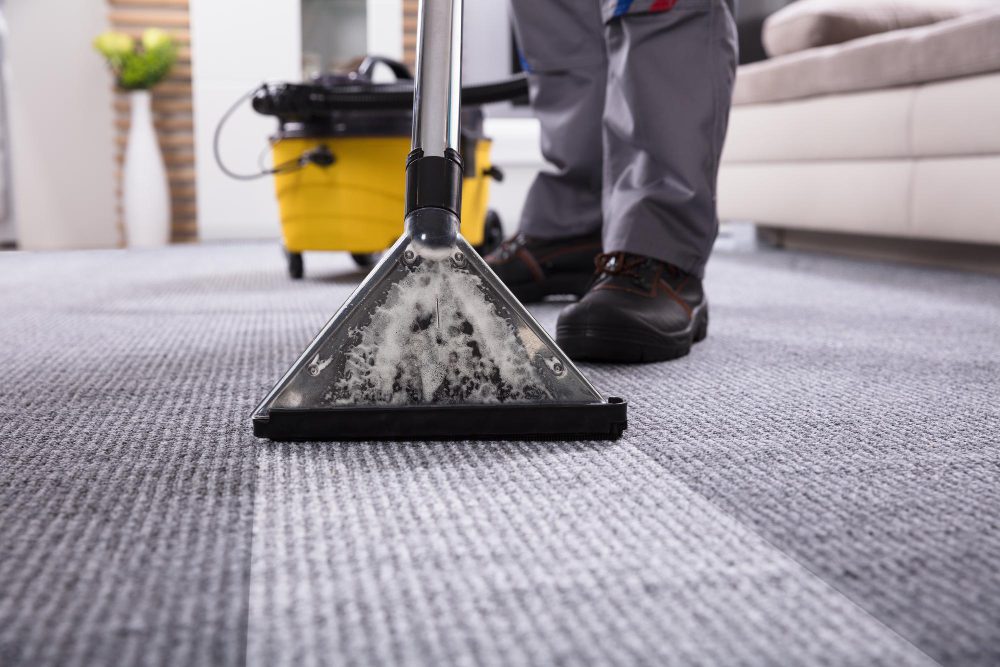 Professional carpet cleaner performing hot water extraction method on a living room carpet.